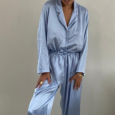 90s silky charmeuse pant suit loungewear / vintage lilac periwinkle liquid silky satin matching set pant suit PJs pajamas | M L 