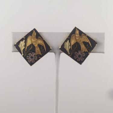 Vintage 1970s Black Square Earrings with Gold Bird and Silver Leaf Accents 