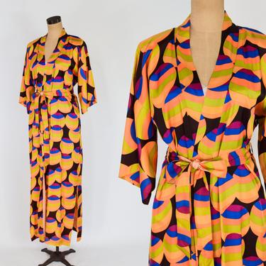 Vintage Marigold Colorful Silk Robe | 1960s Orange Black &amp; Green Circles Silk Kimono | Dynasty | Medium 
