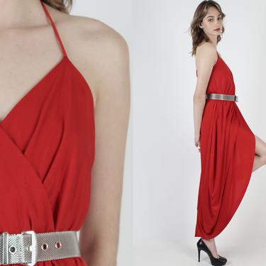 Red Disco Dancing Dress / Sexy Open Back Wrap Dress / Spaghetti Strap Halter Neckline / Grecian Goddess Cocktail Party Maxi Dress 
