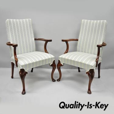 Pair Hickory Chair Co Queen Anne Style Armchairs Mahogany Library Dining Chairs
