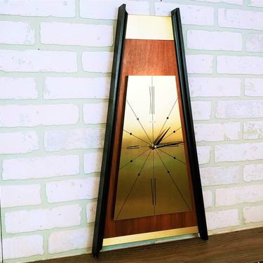 Vintage Mid Century Wood and Metal Trapezoid Elgin Wall Clock 