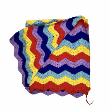 Vintage Handmade Purple, Red, Yellow, Blue Chevron Striped Rainbow Afghan Blanket, Granny Blanket 