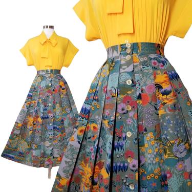 Vintage Novelty Print Skirt, Small / Pleated Farm Animal Print Midi Skirt / Geiger Wool Spring Skirt / Colorful Scenic Print Button Skirt 