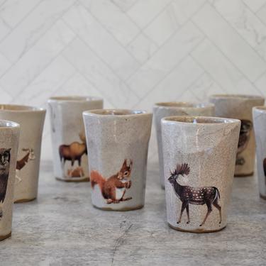Handmade woodland cups, Ceramic Wine Tumblers, 10 fl. oz, Mugs without Handles, forest theme, animal lover gift 