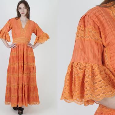 Marigold Mexican Wedding Dress / Long Kimono Angel Sleeve Dress / Ethnic Floral Embroidered Lace Womens Long Fiesta Dress 
