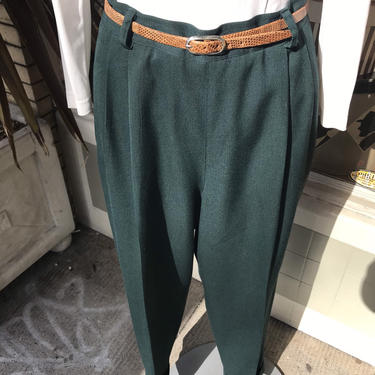 90’s Kelly Green~ Wool slacks~ high waisted pleated dark green gaberdine~ side zipper~ 1990 hipster trend~ size LG 
