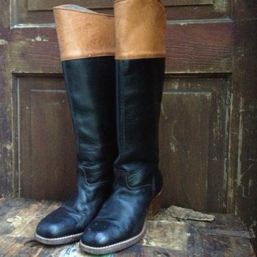 80s Leather Riding Boots Two Tone Black and Tan Brown Ladies Boots 