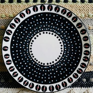 4 Dinner Plates – Black and White with Red and Light Blue dots  |  Potter’s Workshop