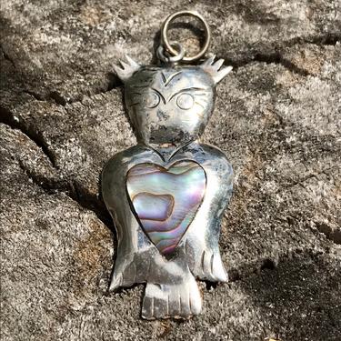 Vintage Taxco Sterling Owl Pendant with Inlaid Abalone Heart Silver Mexico Handmade 