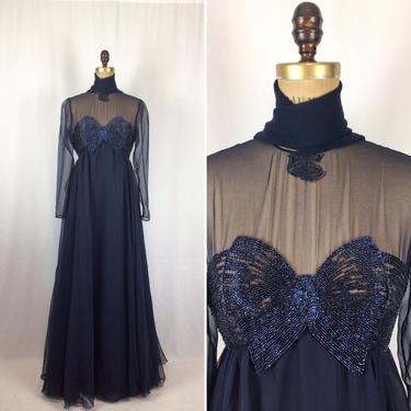 Vintage 60s dress | Vintage blue chiffon beaded maxi cocktail dress | 1960s Dark blue evening gown dress 