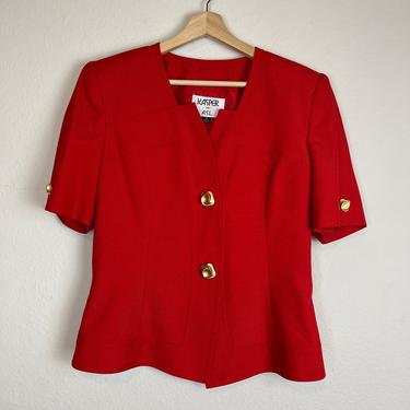 VINTAGE red skirt suit matching set with dramatic gold buttons 70s 80s 90s shirt sleeve pencil high waisted 