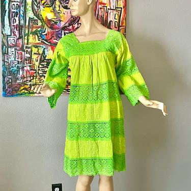 Vintage  Mexican Dress, Neon Green, Cut Out Lace, Pin Tucks, Hippie Boho, Boutique Designer 