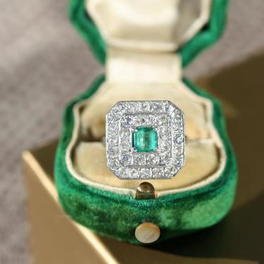 Art Deco Emerald &amp; Diamond Square Cocktail Ring