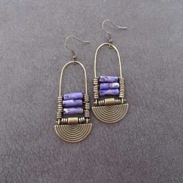 Purple imperial jasper earrings, bronze tribal chandelier earrings, unique ethnic earrings, modern southwestern earrings, boho chic earrings 