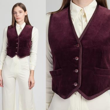 Vintage Liz Claiborne Maroon Velvet Vest - Extra Small | 80s Button Up V Neck Braided Trim Crop Top 
