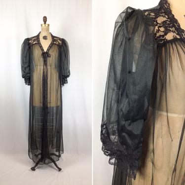 Vintage 60s robe | Vintage black chiffon lace peignoir | 1960s Val Mode sheer robe 