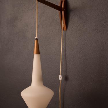 Mid-Century Modern Wall Hanging Walnut and Glass Pendant Lamp 