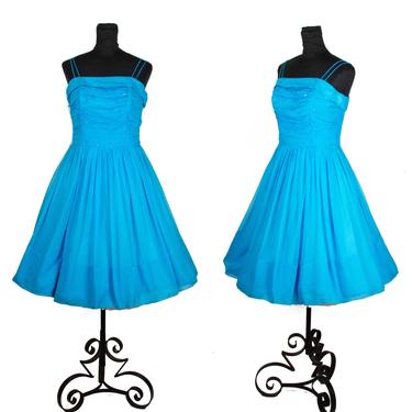 1950s Dress ~ Turquoise Rhinestone Studded Spaghetti Strap Party Dress 