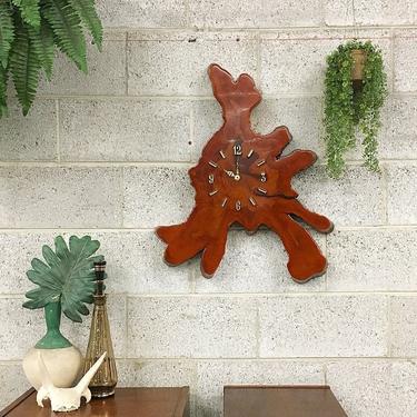 Vintage Wall Clock Retro 1970s Large Size Cypress Tree Slab + Slice Wall Clock with High Gloss Red + Brown Toned Wood Grain + Home + Office 
