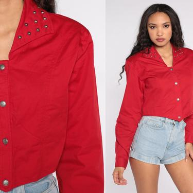 Studded Western Shirt Red Cropped Blouse 80s 90s Button Up Shirt Crop Top Southwest 1980s Shirt Long Sleeve Collared Vintage Medium Large 