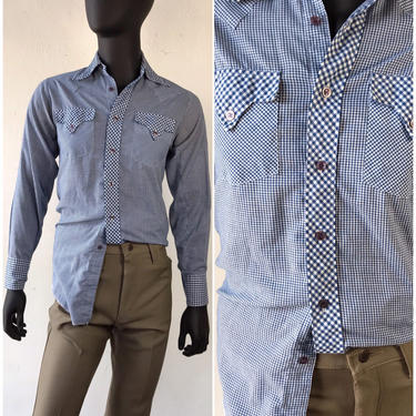 70s Vtg Fenton Blue White Gingham Western Shirt / USA Made / Size 38 Chest / Small 