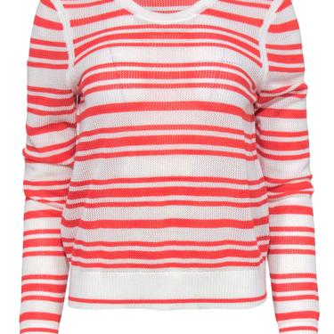 Rag & Bone - White & Coral Striped Eyelet Knit Cotton Sweater Sz L
