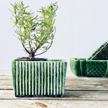 Hull USA Green Striped Vintage Rectangular Planter Pot | Herb Garden Indoor Gardening | Small Green Planter Square 