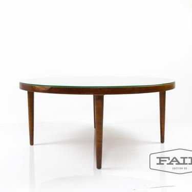 Low Round Walnut Coffee Table with a Glass Top