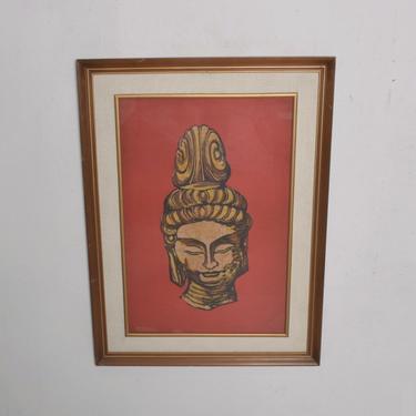 Modern Batik Art Buddha Head Red Gold Chinese 