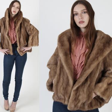 Open Front Brown Mink Coat / Vintage 60s Real Autumn Haze Cropped Mink Jacket / Honey Fur Large Shawl Collar 