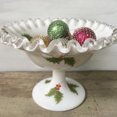 Fenton Christmas Candy Dish, White Pedestal Hand Painted By Ciri Weihl, Holly Berry Design, Vintage Christmas Dish 