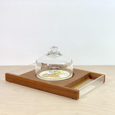 Vintage Goodwood Teak Wood Glass Cheese Tray Serving Tray Dome 