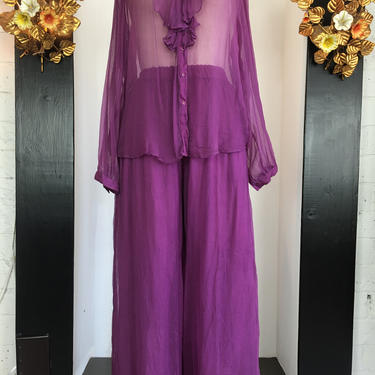1990s 2 piece set, adini pants and top, sheer purple outfit, 90s wide leg pants, 90s ruffled blouse, size medium, deadstock vintage, 27 28 