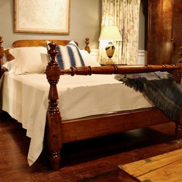 Tulip & Block Bed in Tiger Maple, Original Posts Circa 1830. Resized to Queen w/ Ram's Ear Headboard and Blanket Rail