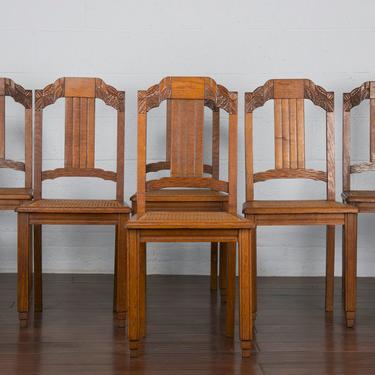 Antique French Art Deco Carved Oak Cane Dining Chairs - Set of 6 
