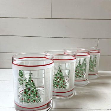 Vintage Christmas Tree Scene, Holiday Drinking Glasses, Set of 4 | Family Tradition, Whiskey Glass, Santa Milk Glass, Tumblers, Highballs 