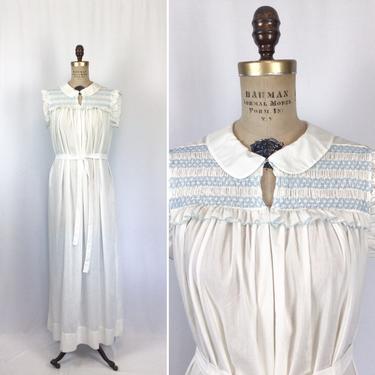 Vintage 50s Night dress | Vintage white cotton smocked nightgown | 1950s Barbizon nightie 