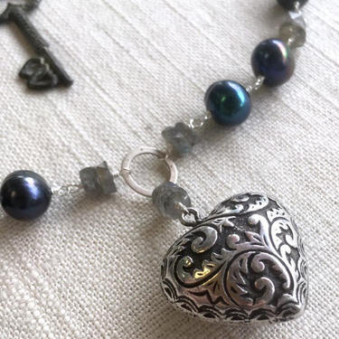The Key She Kept [assemblage necklace: sterling silver, labradorite, pearl, vintage pendants] 