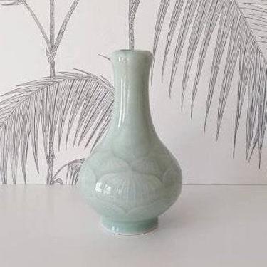 Vintage Celedon Vase, Lotus Flower Pattern, Asian, unmarked, circa 30's 
