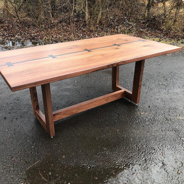 Contemporary Walnut Dining Table with Metal Inlay 