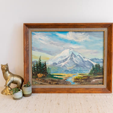 Stunning Vintage Painting Mt. Adams Mountain with Original Wood Frame 
