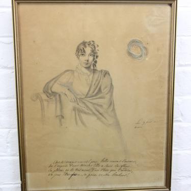 Antique French Pencil Drawing of a Young Woman with a Lock of Her Blonde Hair - 13&amp;quot; x 16.5&amp;quot; 