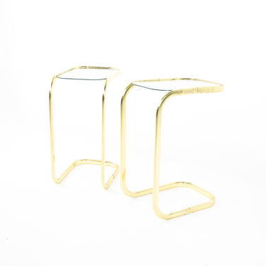 Milo Baughman Style Brass and Glass Cantilever Side End Tables - A Pair - mcm 