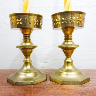 Vintage set of 2 large brass candle holders with cut out detail, heavy taper with large bowl for offerings or display, bohemian home decor 