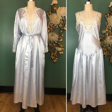 1980s peignoir set, vintage lingerie, ice blue satin, embroidered robe, flapper style, drop waist nightgown, 38 bust, large, honeymoon, 80s 