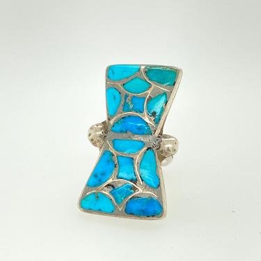 Vintage Unique Artisan Zuni Old Pawn Sterling Silver Inlay Turquoise Ring Sz 7.5 