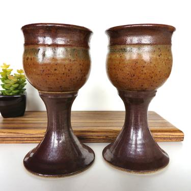 Studio Pottery Goblets, Set of 2 Hand Thrown Stoneware 8 ounce Cups In Earthen Brown, Boho Wedding Toasting Goblets 