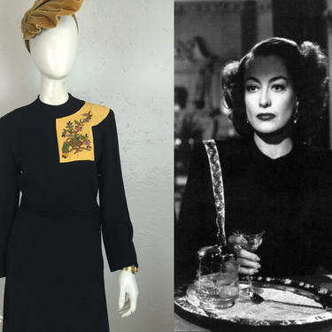 Helen Wright Downs Another - Vintage WW2 1940s Black Crepe Rayon Long Tunic Blouse w/Yellow Patch Beaded 