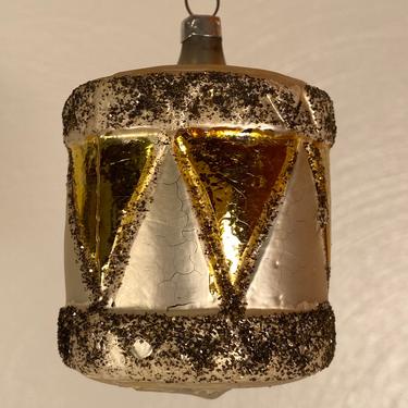 Antique Yellow/Silver Toy Drum Holiday Ornament - West Germany (#C14) 
